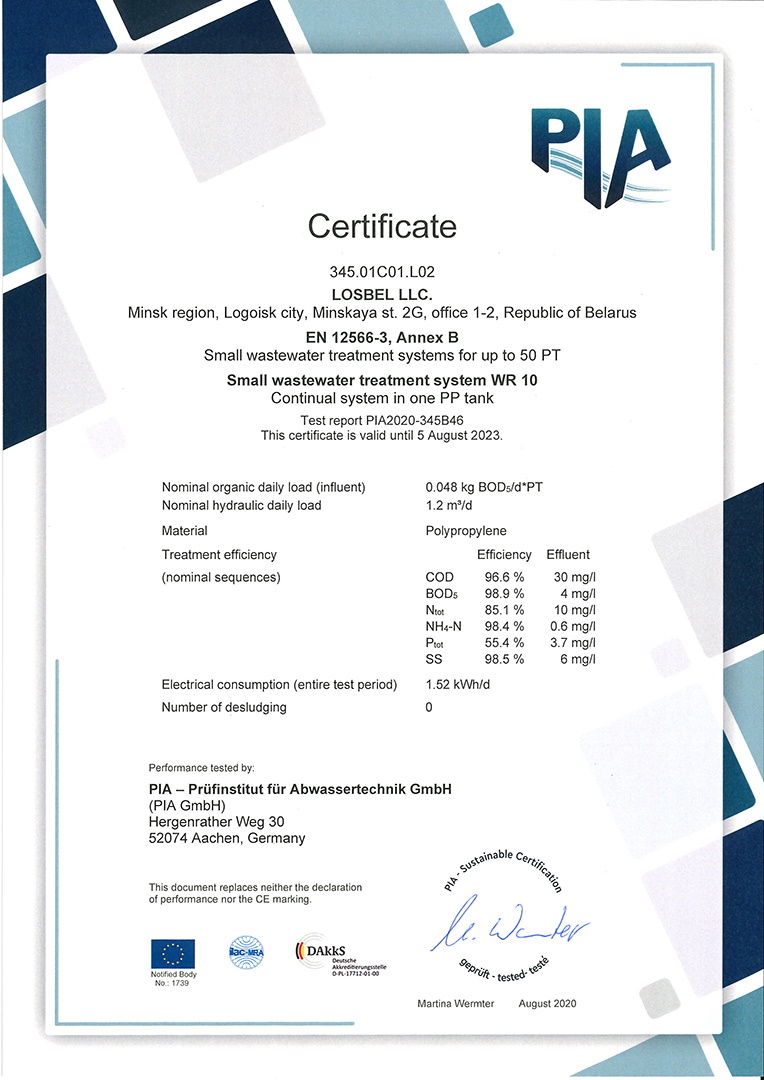 Certificate of successful testing at Prüf- und Entwicklungsinstitut für Abwassertechnik an der RWTH Aachen (PIA) - Institute for Testing and Development of Wastewater Treatment Technologies at the University of RWTH Aachen (PIA)